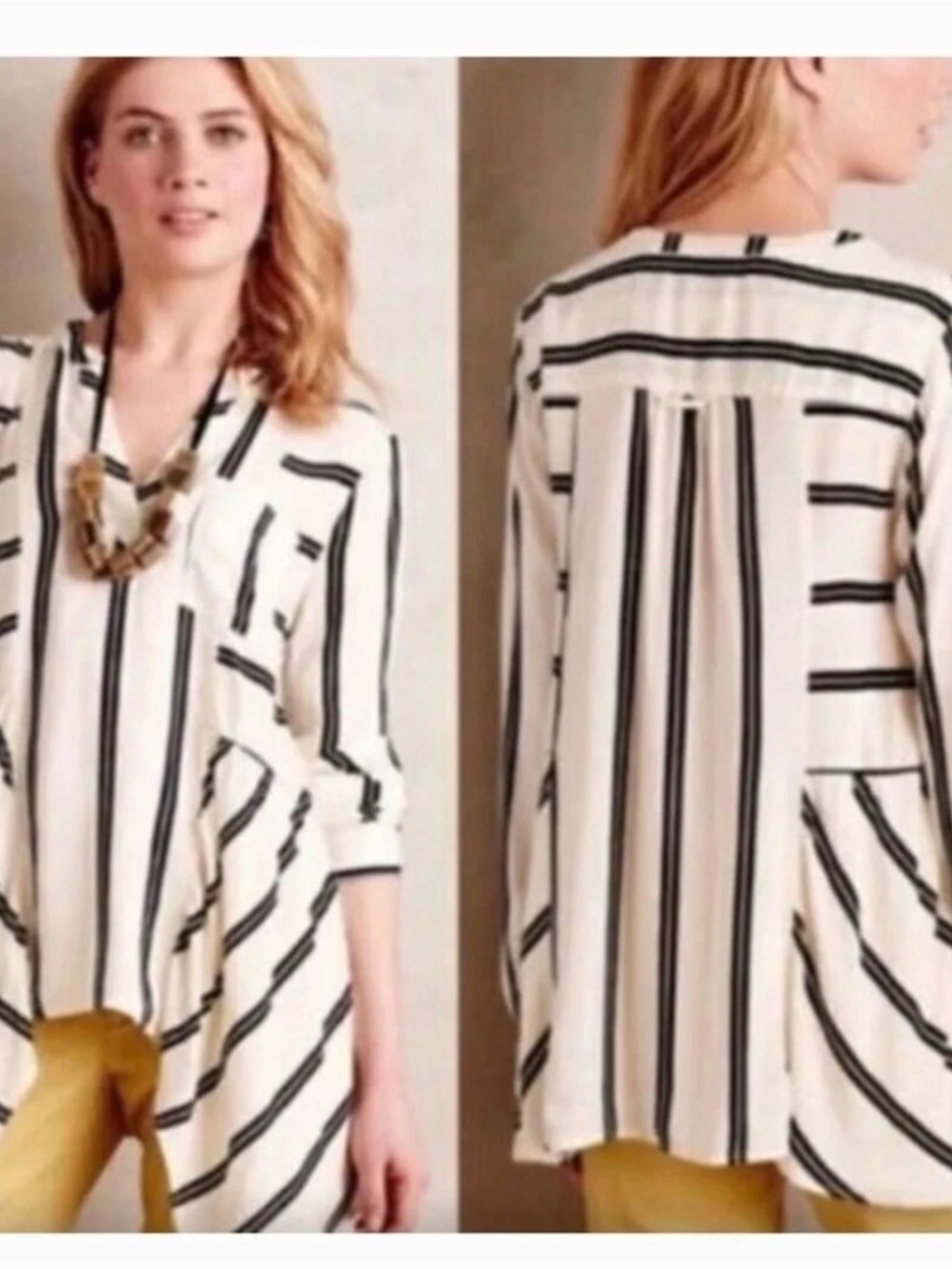 Anthropologie Maeve Striped V-Neck Tunic Top - Black & Cream